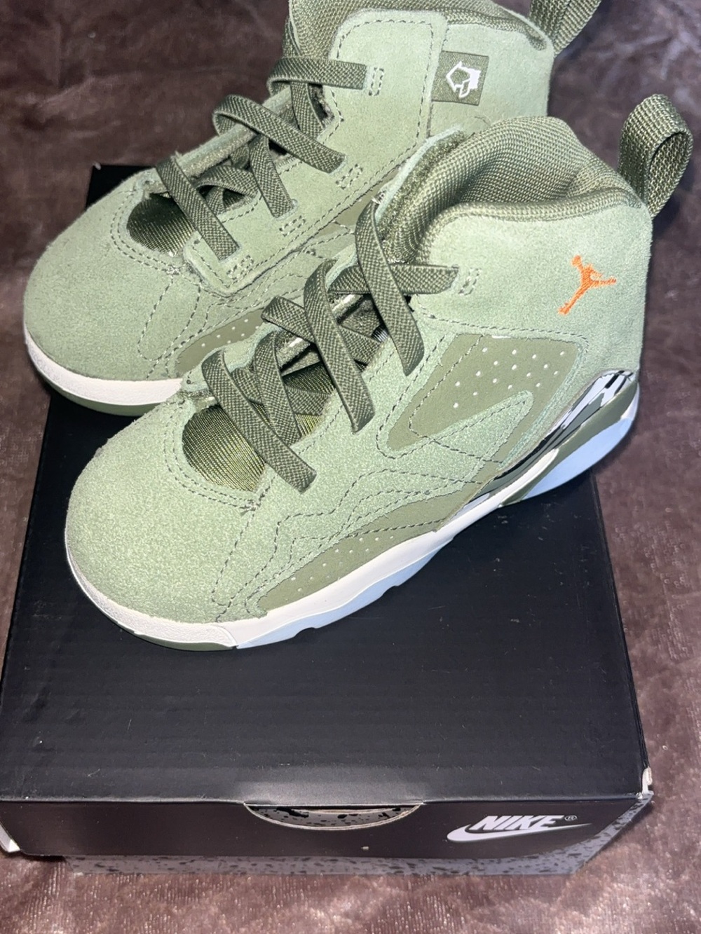 Nike Kids Olive Green Suede High-Top Sneakers with Orange Accent